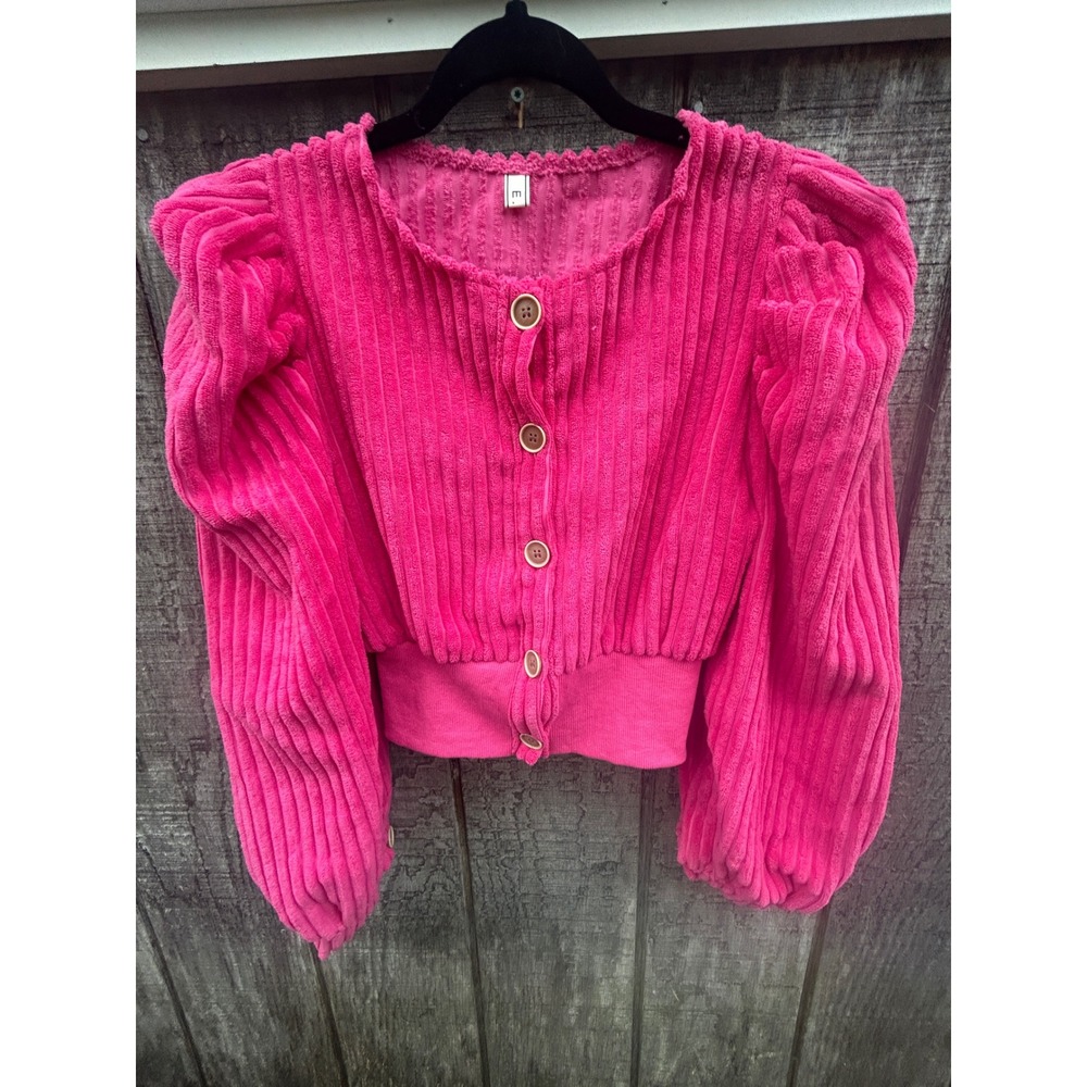 Hot Pink Corduroy Puff Sleeve Cropped Cardigan Button Front Sweater M